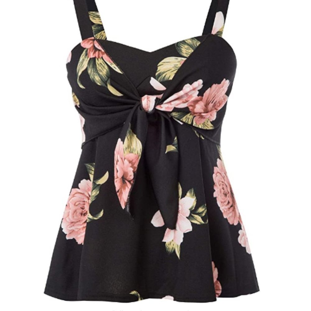 Floral Printed Ruffle Hem Tie Front Tank Tops